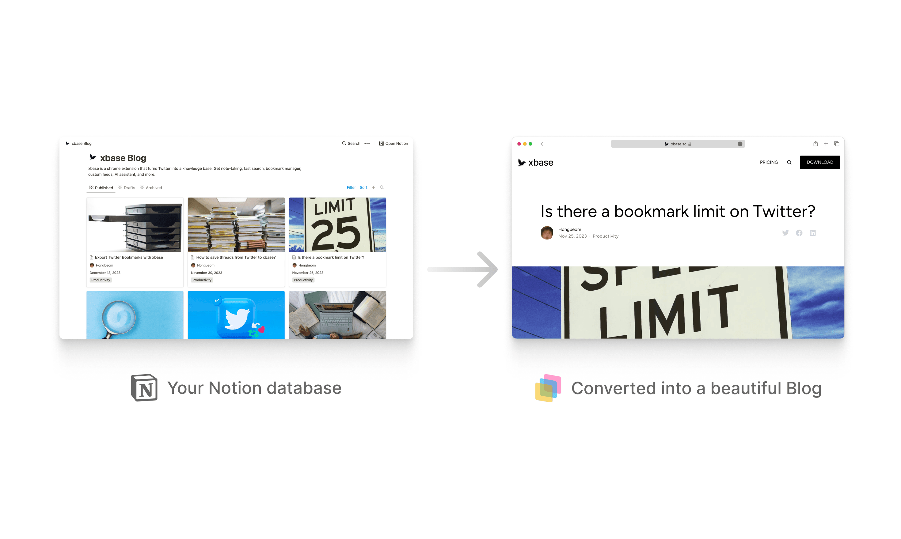 Notion database converted into a BlogPro blog